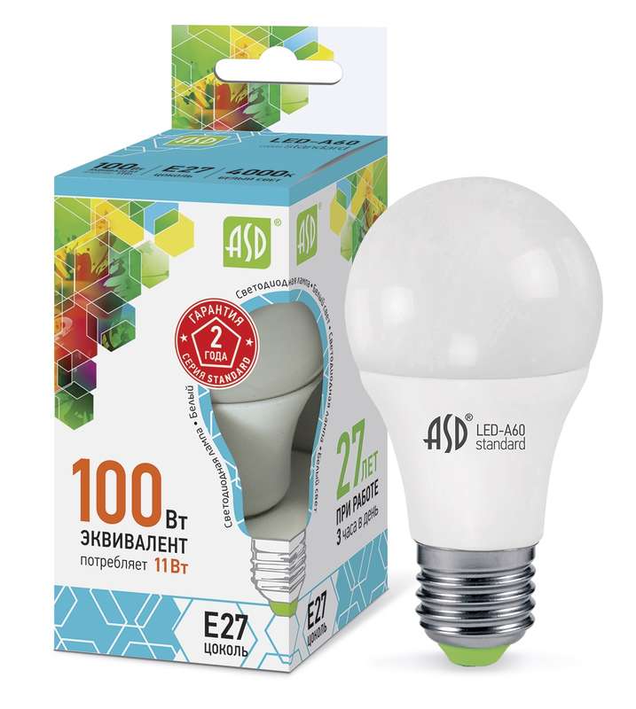 Лампа светодиодная LED-A60-standard 11Вт грушевидная 4000К бел. E27 990лм 160-260В ASD 4690612001715