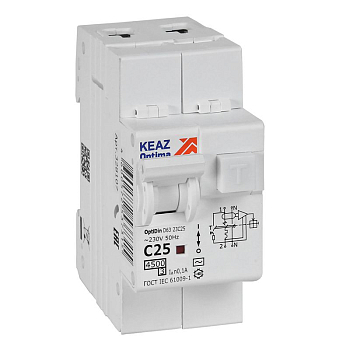 Выключатель автоматический дифференциального тока 2п OptiDin D63-23C25-AC-У3 C25 100мА 4.5кА с защитой от сверхтоков КЭАЗ 328107