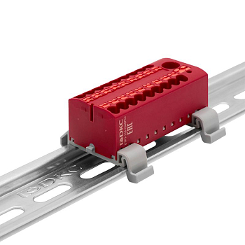 Блок распределительный с горизонт. адаптером на рейку шир. 35мм зажим push-in 1 ввод 6кв.мм 18 точек подключения 2.5кв.мм красн. DKC DTP1-118-104SPUR-H