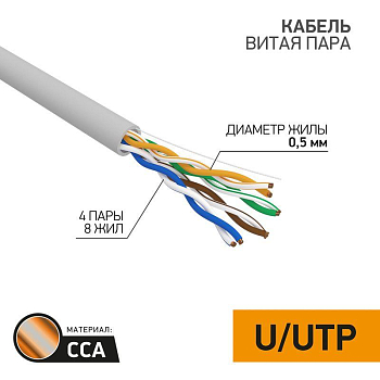 Кабель витая пара U/UTP кат.5E 4х2х24AWG solid CCA PVC сер. (м) PROCONNECT 01-0043-3