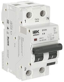Выключатель автоматический дифференциального тока АВДТ B10N 1P+NP C6 30мА тип A (36мм) ARMAT IEK AR-B10N-1N-C006A030
