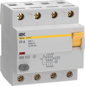 Выключатель дифференциального тока (УЗО) 4п 25А 30мА 6кА тип A ВД3-63 KARAT IEK MDV21-4-025-030