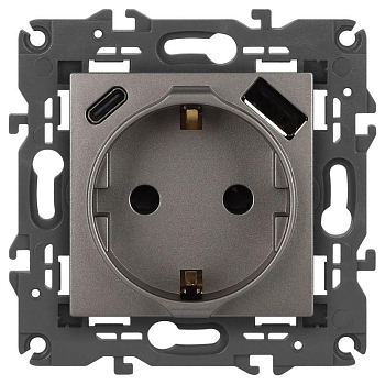 Розетка Elegance 14-4108-16 16A 250В 2P+E защ. шторки с USB type-A+C 3А 5В титан Эра Б0067695
