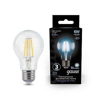 Лампа светодиодная филаментная Black Filament 6Вт A60 грушевидная 4100К нейтр. бел. E27 630лм GAUSS 102802206