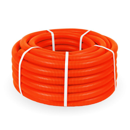 Труба гофрированная ПНД тяжелая d32мм с протяжкой 750 Н безгалоген. (HF) оранж. (уп.25м) Промрукав PR.023241о