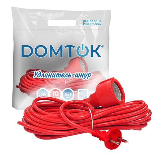 Удлинитель-шнур 1х10м без заземл. 10А IP20 2.2кВт ПВС 2х1 DOMTOK 2488