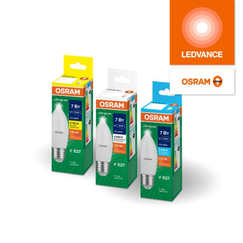 Лампа светодиодная LED G4 Value LVCLB60 7W/965 CRI95 7Вт 6500К 700лм свеча матов. E27 170-250В OSRAM 4058075579507