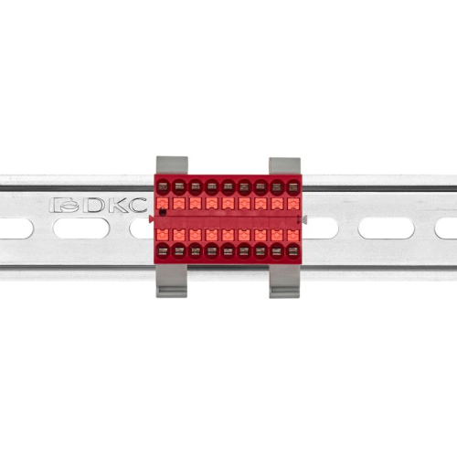 Блок распределительный с горизонт. адаптером на рейку шир. 35мм зажим push-in 18 точек подключения 2.5кв.мм красн. DKC DTP1-018-04SPUR-H