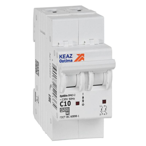 Выключатель автоматический модульный 2п C 10А 4.5кА OptiDin BM63-2C10-4.5-УХЛ3 КЭАЗ 326802