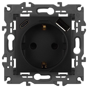 Розетка Elegance 14-4108-05 16A 250В 2P+E защ. шторки с USB type-A+C 3А 5В антрацит Эра Б0067724
