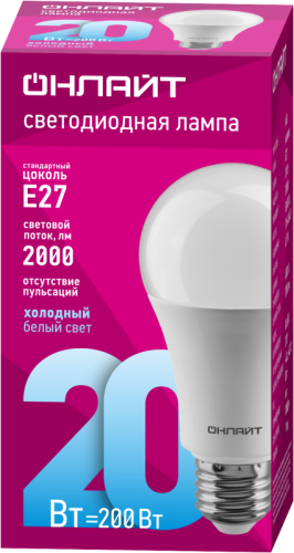 Лампа светодиодная 61 159 OLL-A60-20-230-6.5K-E27 20Вт грушевидная 6500К холод. бел. E27 2000лм 176-264В ОНЛАЙТ 61159