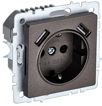 Розетка BRITE РЮш10-2-БрТБ 16А с USB A+A 3.1А с заземл. защ. шторки темн. механизм бронза IEK BR-R14-16-U21-D31-K45
