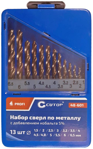 Набор сверл по металлу Profi 1.5-6.5мм (через 0.5мм + 32мм; 48мм) с кобальтом 5проц. в метал. коробке (13шт) Cutop 48-601