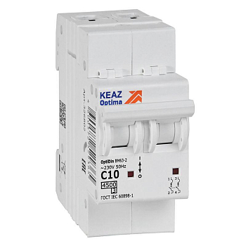 Выключатель автоматический модульный 2п C 10А 4.5кА OptiDin BM63-2C10-4.5-УХЛ3 КЭАЗ 326802