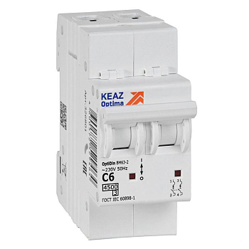 Выключатель автоматический модульный 2п C 6А 4.5кА OptiDin BM63-2C6-4.5-УХЛ3 КЭАЗ 326801
