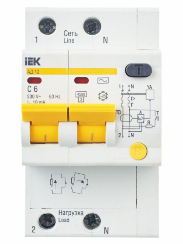 Выключатель автоматический дифференциального тока 2п C 6А 10мА тип AC 4.5кА АД-12 KARAT IEK MAD10-2-006-C-010