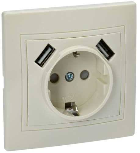 Розетка 1-м СП Кварта РЮш10-1-ККм 16А USBх2 2.1А с заземл. крем. GENERICA KV-R14-16-U2-K33