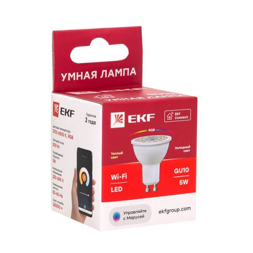 Лампа Умная Connect 5Вт грибовидная прозрачная RGBW GU10 220-240В WIFI EKF slwf-gu10-rgbw
