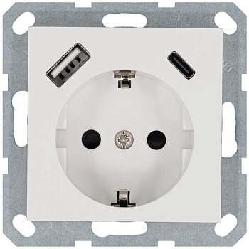 Розетка Shuko 16А с заземл. защ. шторки с 2-мя заряд. устройствами USB тип A+C 25Вт механизм бел. глянцевый Jasmart G5501USB-25W