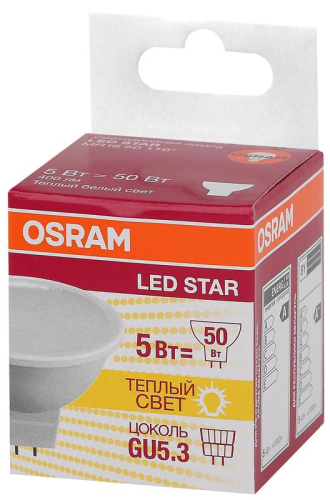 Лампа светодиодная LED Star MR16 50110 5W/830 230V GU5.3 5Вт матовая 3000К тепл. бел. GU5.3 MR16 400лм 220-240В пластик. (замена 50Вт) OSRAM 4058075480469