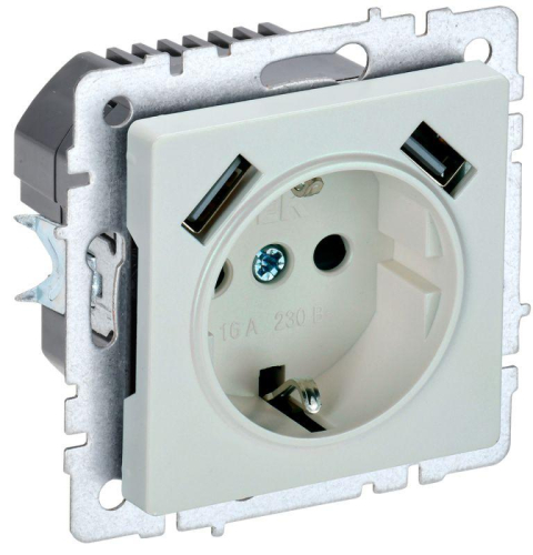 Розетка BRITE РЮш10-2-БрЖ 16А с USB A+A 3.1А с заземл. защ. шторки механизм жемчуж. IEK BR-R14-16-U21-D31-K36