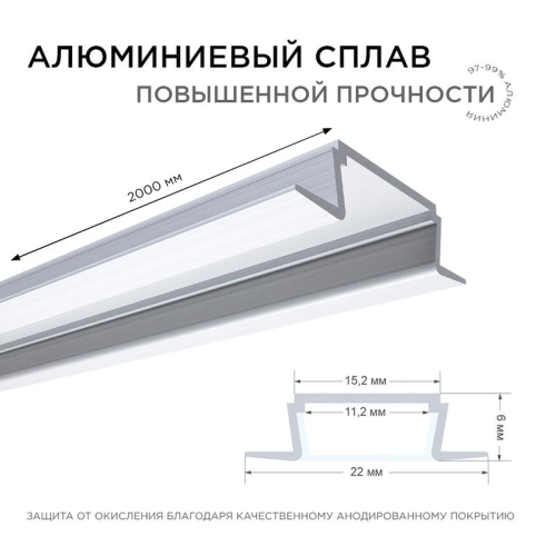 Профиль для светодиодной ленты анод встраиваем. сер. 22х6мм 2м алюм. Apeyron 08-02
