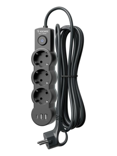 Удлинитель 3х5м с заземл. 10А IP20 USB 2800Вт 220В ПВС 3х1 с выкл. черн. КОСМОС YKsm5m3g-Z-VU10А-B