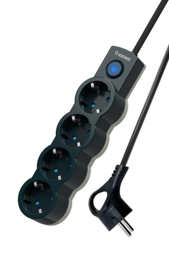 Удлинитель 4х5м с заземл. 10А IP20 2200Вт 220В защ. шторки ПВС 3х1 с выкл. черн. КОСМОС YKsm5m-4g-Z-V10A-B