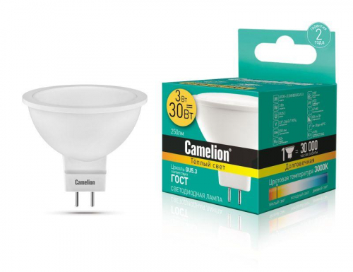 Лампа светодиодная LED3-JCDR/830/GU5.3 3Вт 3000К тепл. бел. GU5.3 215лм 220-240В Camelion 11367