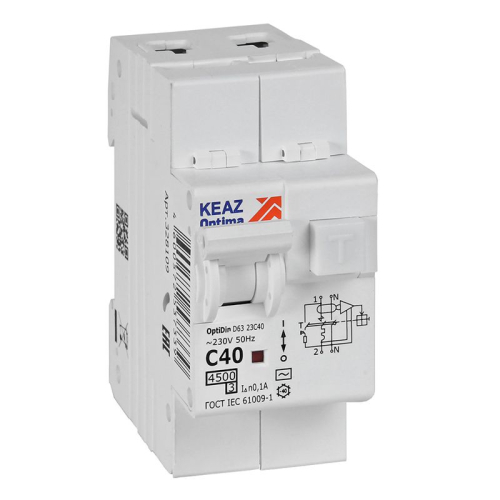 Выключатель автоматический дифференциального тока 2п OptiDin D63-23C40-AC-У3 C40 100мА 4.5кА с защитой от сверхтоков КЭАЗ 328109
