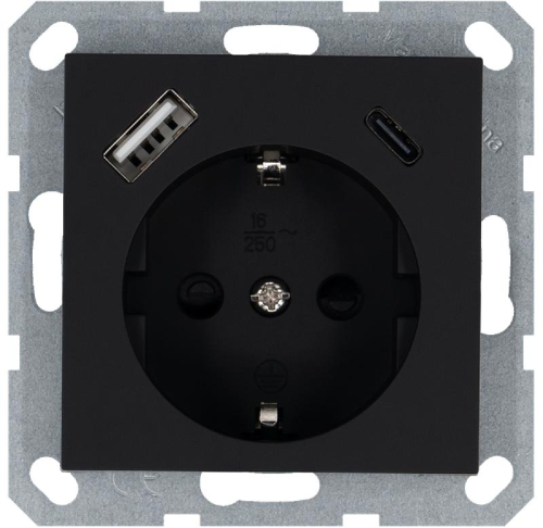 Розетка Shuko 16А с заземл. защ. шторки с 2-мя заряд. устройствами USB тип A+C 25Вт механизм черн. матов. soft touch Jasmart G5501USB-25PB