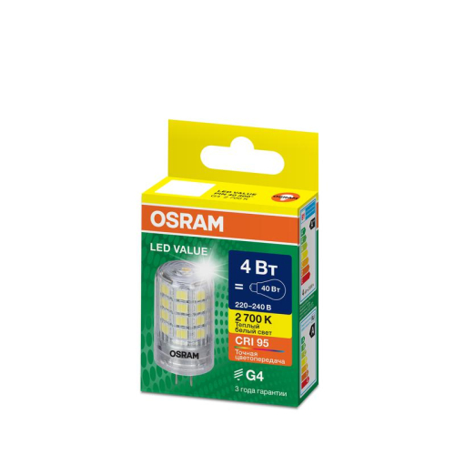Лампа светодиодная LED G4 Value LVPIN40 4W/927 CRI95 4Вт 2700К 560лм капсульная прозр. G4 220-240В OSRAM 4610590510283