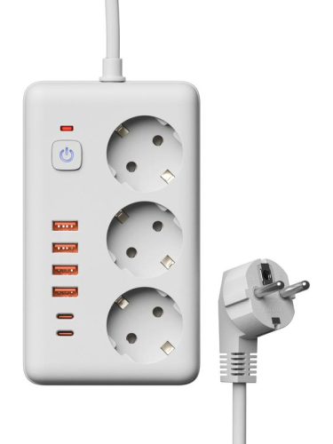 Удлинитель с сетевым фильтром 3х1.5м 10А 4USB + 2USBC 2500Вт ПВС 3х1 прямоуг. бел. КОСМОС FKsm1.5m-3gPF(W)USB