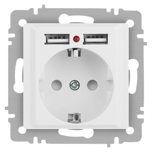 Розетка 1-м СП Accent 6-410-01М 16А IP20 250В P+E Schuko защ. шторки + 2хUSB бел. матов. Intro Б0063691