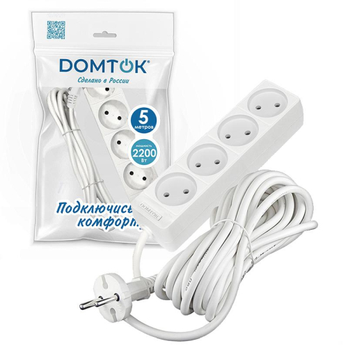 Удлинитель 4х5м без заземл. 10А IP20 2.2кВт ПВС 2х1 бел. DOMTOK 2357