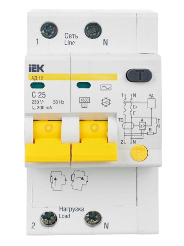 Выключатель автоматический дифференциального тока 2п C 25А 300мА тип AC 4.5кА АД-12 KARAT IEK MAD10-2-025-C-300