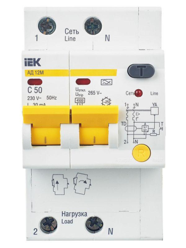 Выключатель автоматический дифференциального тока 2п C 50А 30мА тип A 4.5кА АД-12М KARAT IEK MAD12-2-050-C-030