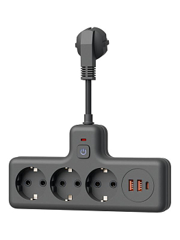 Удлинитель с сетевым фильтром 3х0.3м 10А 2USB + 1USBC 2500Вт ПВС 3х1 компакт черн. КОСМОС FRKsm0.3m-3g(B)USB