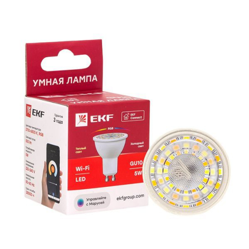 Лампа Умная Connect 5Вт грибовидная прозрачная RGBW GU10 220-240В WIFI EKF slwf-gu10-rgbw