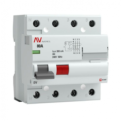 Выключатель дифференциального тока (УЗО) 4п 80А 300мА тип A DV AVERES EKF rccb-4-80-300-a-av