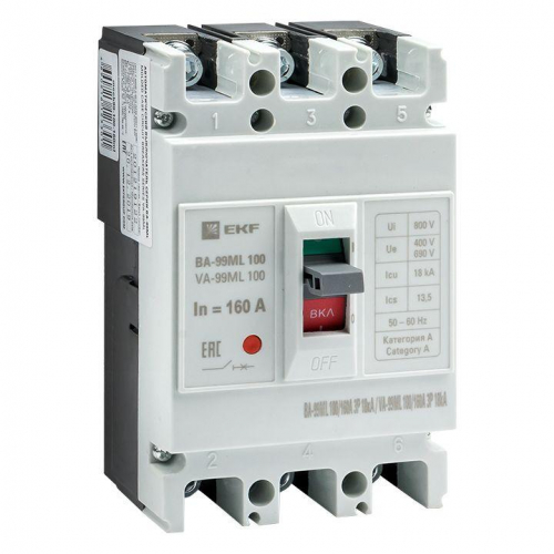 Выключатель автоматический 3п 100/160А 18кА ВА-99МL Basic EKF mccb99-100-160mi