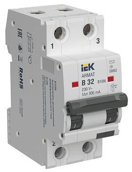 Выключатель автоматический дифференциального тока 2п B 32А 300мА тип AC АВДТ B10N ARMAT IEK AR-B10N-2-B032C300