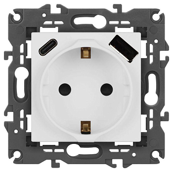 Розетка Elegance 14-4108-01М 16A 250В 2P+E защ. шторки с USB type-A+C 3А 5В матов. бел. Эра Б0067710