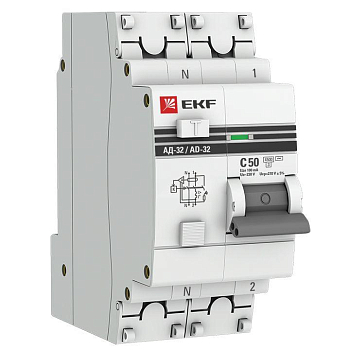 Выключатель автоматический дифференциального тока 2п (1P+N) C 50А 100мА тип AC 4.5кА АД-32 защита 270В электрон. PROxima EKF DA32-50-100-pro