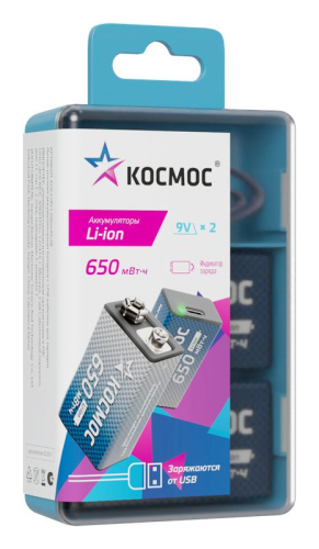 Аккумулятор крона Li-ion 9В 650мВт.ч (уп.2шт) КОСМОС KOCLi9V650mAh2B