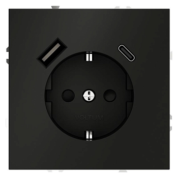 Розетка 1-м СП S70 16А с USB A+С с заземл. защ. шторки механизм черн. матов. Voltum VLS040508