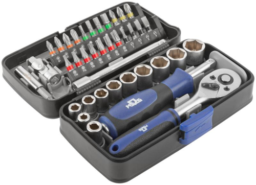 Мини-набор инструмента (биты; головки; вороток; удлинитель) 38шт пластиковый кейс MOS 65000М
