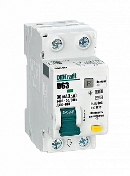 Выключатель автоматический дифференциального тока 2п (1P+N) D 63А 30мА тип AC 4.5кА ДИФ-103 DEKraft 16067DEK