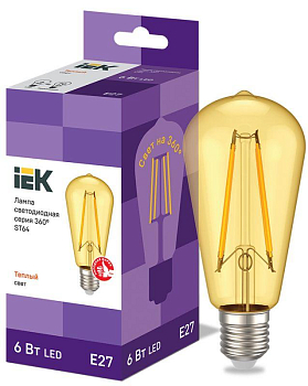 Лампа светодиодная филаментная 360° 6Вт ST64 2700К E27 230В золото IEK LLF-ST64-6-230-30-E27-CLG