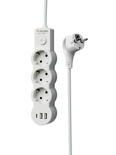 Удлинитель 3х5м с заземл. 10А IP20 USB 2800Вт 220В ПВС 3х1 с выкл. бел. КОСМОС YKsm5m3g-Z-VU10А-W
